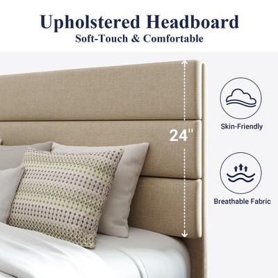 Beige Queen Upholstered Platform Bed Frame with Headboard