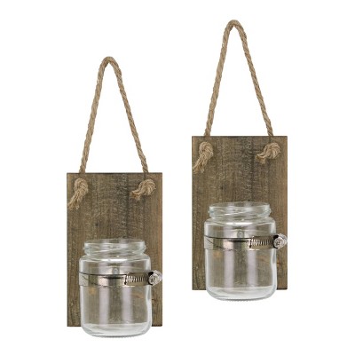 Set of 2 5.5" x 3.3" Rustic Natural Wood Mason Jar Wall Sconce Set Brown - Stonebriar Collection