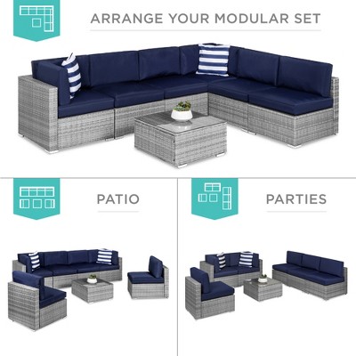 Gray and Navy 7-Piece Outdoor Wicker Sectional Set with Cushions