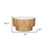 HomeRoots 31" Gold Natural And White Iron Wood And Faux Marble Round Block Coffee Table - 3 of 4