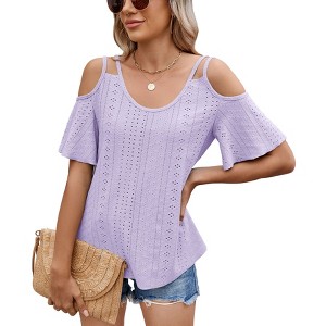 Womens Eyelet  Embroidery Tops Spaghetti Straps Short Sleeve Cold Shoulder Front Knit Casual Summer Lightweight Blouses for Women - 1 of 4