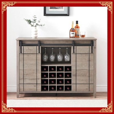 Garvee Elegant Farmhouse Wine Bar Cabinet with Sliding Barn Door – 47" Kitchen Coffee Bar with 16 Wine & Glass Racks