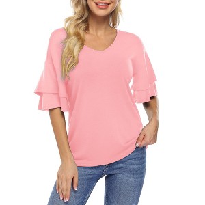 Womens V Neck Tunic Blouse Tiered Short Sleeves Loose Fit Summer Top Shirts - 1 of 3