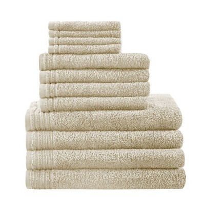 Warm Beige Mini Waffle with Striped Edge Cotton Bath Towel - Anaya