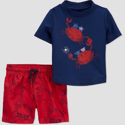 Image of Carter's Just One You® Baby Boys' 2pc Short Sleeve Crab Print Rash Guard Set - Red/White/Blue 9M