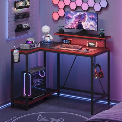 Pinmoco 42" Reversible L-Shaped Gaming Desk, LED Carbon Fiber Desk with Monitor Stand & Headset Hooks