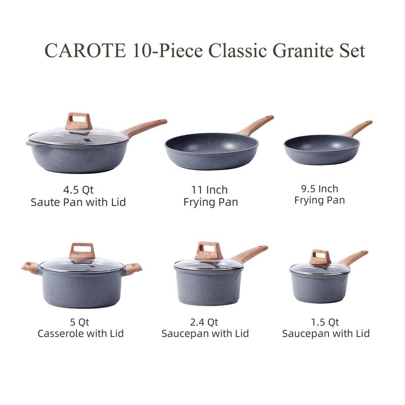 CAROTE Nonstick Granite Cookware Sets 10 Pcs Stone Cookware Set, Non Stick Frying Pan Set, Pots And Pans Set, 2 of 7