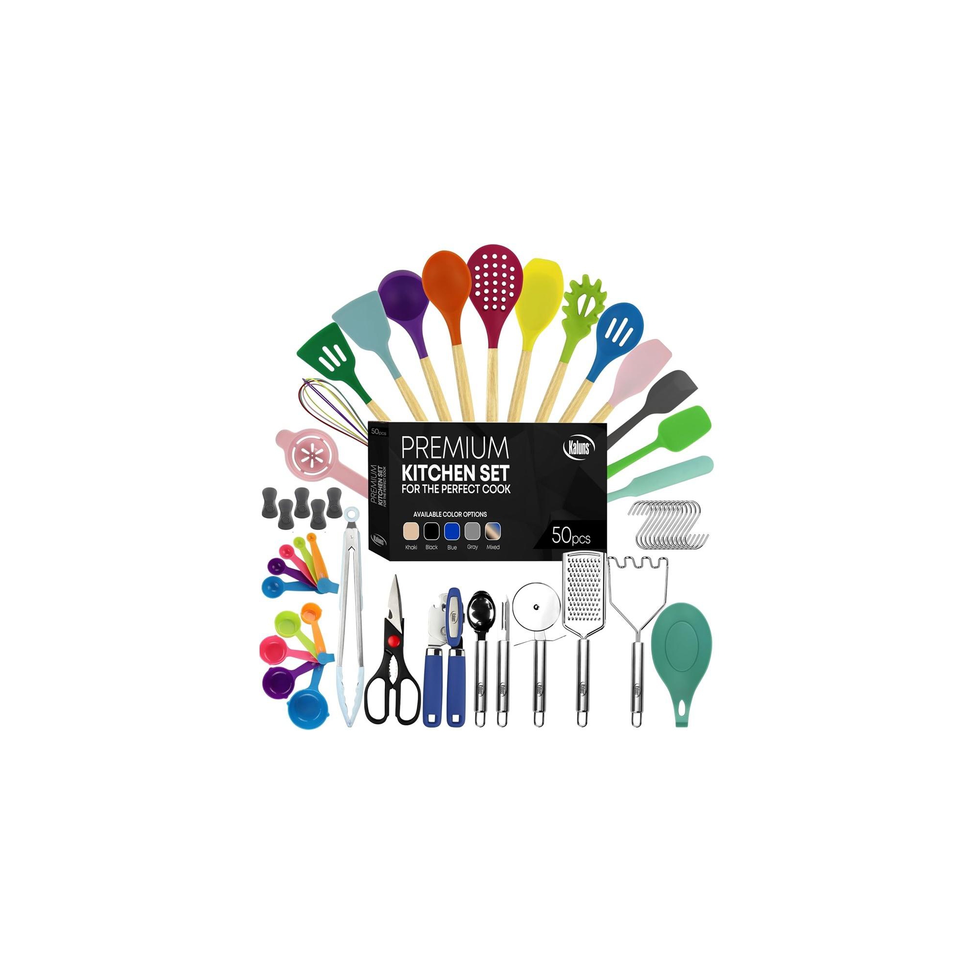 Kaluns Kitchen Utensils Set, 50 Piece Silicone And Stainless Steel Cooking Utensils, Dishwasher Safe and Heat Resistant Kitchen Tools, Multicolored