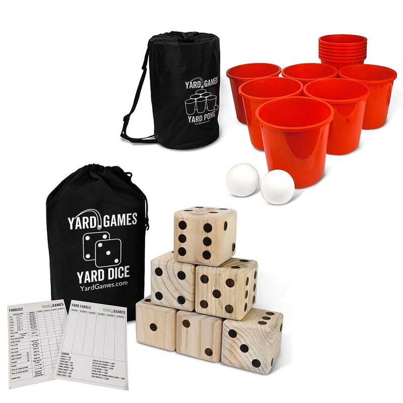 YardGames Giant Outdoor Wooden Dice Set of 6 Bundle with Yard Pong Activity Party Set with 12 Buckets, 2 Balls, and Carrying Case, 1 of 6