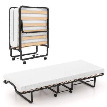 Tangkula Portable Foldable Guest Bed w/ Solid Wood Slats & Metal Frame Rollaway Bed for Adults w/ Wheel