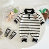 MyKids-Usa Baby Cartoon Bear Print & Striped Pattern Polo Neck Long Sleeve Romper - 3 of 4