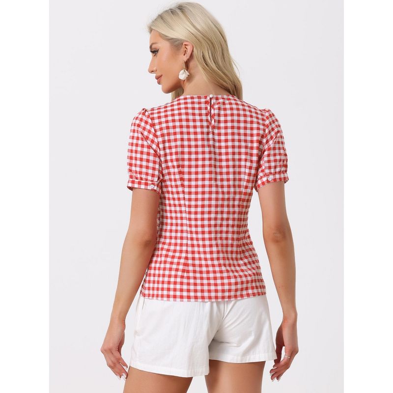Allegra K Women's Vintage Crew Neck Puff Sleeve Casual Plaid Gingham Blouse, 3 of 5