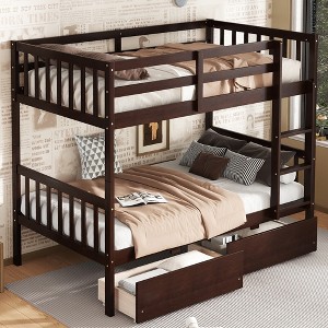 Twin Over Twin Bunk Bed with 2 Drawers, Convertible into 2 Twin Beds, Rubber Wood Bed Frame with Ladder and Safety Guardrails - ModernLuxe - 1 of 4