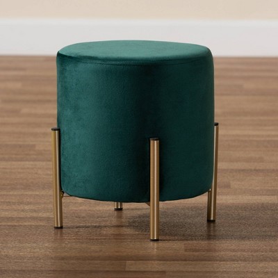 Thurman Luxe Green Velvet and Gold Metal Round Ottoman