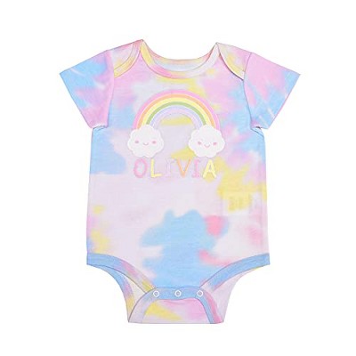 Image of Young Hearts Baby Girl's "Olivia" Name Printed Short Sleeve Rainbow Tie Dye Creeper - Pink/Blue, Size 0-3 Months