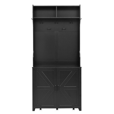 TiramisuBest Farmhouse 4-in-1 Hall Tree with Barn Doors,Movable Bench,7 Hooks,Shoe Storage Cabinet&6 Brake Wheels,76.9" Tall Entryway Organizer,White