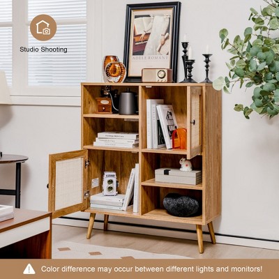 Natural Wood Mid-Century Modern Rattan Door Sideboard