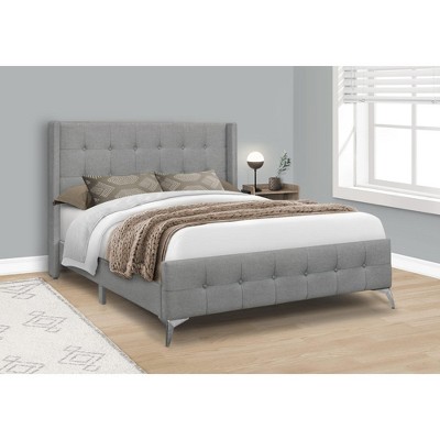 Monarch Specialties Bed Queen Size Platform Bedroom Frame Upholstered Linen Look Metal Legs Grey Chrome Transitional