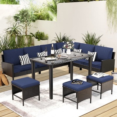 7 Piece Small Space Patio Conversation Set with Glass Top Table and Cushions for Balcony, Terrace, or Backyard-Maison Boucle