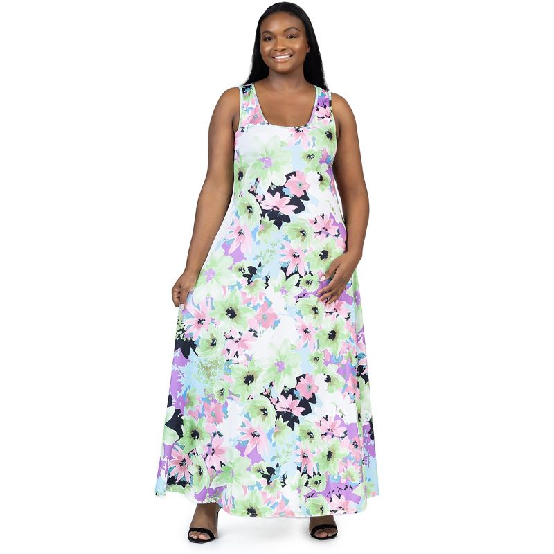 24seven Comfort Apparel Plus Size Pastel Floral Scoop Neck A Line Sleeveless Maxi Dress, 4 of 7
