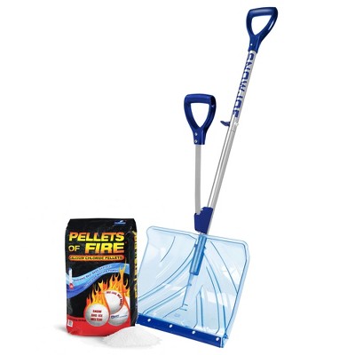 Snow Joe Shovelution Snow Shovel Strain-Reducing 18" Snow Shovel Bundled w/ Pellets of Fire Ice Melter for Driveways, Sidewalks, & Concrete, 50 Pounds