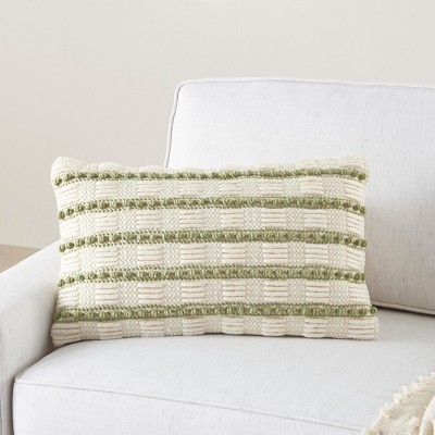 Sage and Ivory Rectangular Embroidered Throw Pillow
