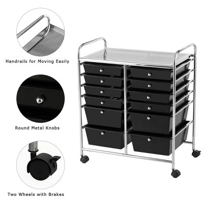Black 12-Drawer Rolling Storage Cart with Chrome Frame