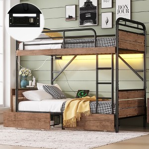 TiramisuBest Twin XL over Twin XL Metal Bunk Bed, Detachable Metal Bunk Bed with LED Light and Charge Station, Bunk Bed with Two Storage Drawers - 1 of 4