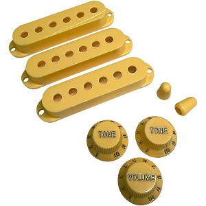 AxLabs Set Of Single Coil Pickup Covers In Vintage Spacing (52mm), Two Switch Tips, And Three Knobs (Gold Lettering) Cream - 1 of 1