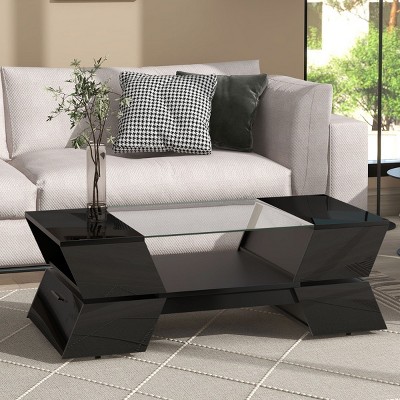 Modern 2-Tier Glass Top Coffee Table with Storage,Geometric Black Center Table with Open Shelf and Cabinets for Living Room-Maison Boucle