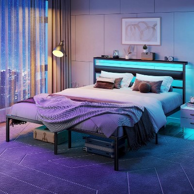 Queen Bed Frame with Led Lights and Charging Station Bed Frame with Headboard and Under Bed Storage Metal Platform Bedframe and Storage Shelf