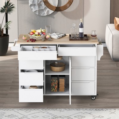 Rubberwood Countertop Kitchen Island, Kitchen Trolley with 5 Wheels, Spice Rack and 8 Drawers - ModernLuxe