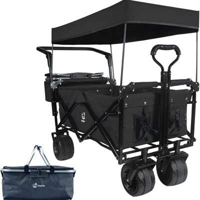 VisioGear Collapsible Wagon with Removable Canopy, Folding Wagon Cart with Cooler Bag, for Camping Beach Shopping, Black, 35"*20"*45"