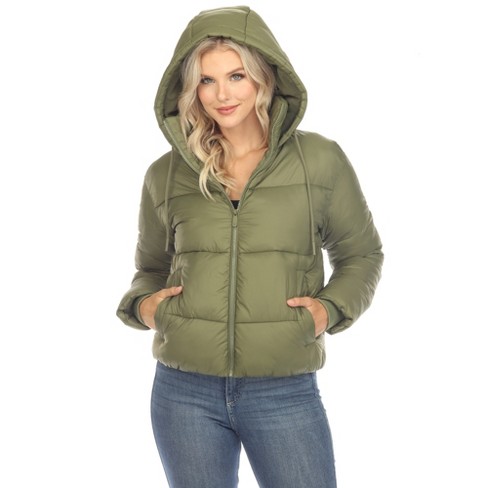 Women's Full Front Zip Hooded Bomber Puffer Jacket Olive Small - White ...