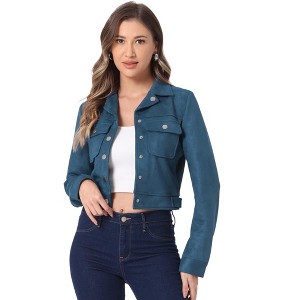 INSPIRE CHIC Women's Casual Faux Suede Notched Collar Button Up Cropped Jacket with Pockets - 1 of 4