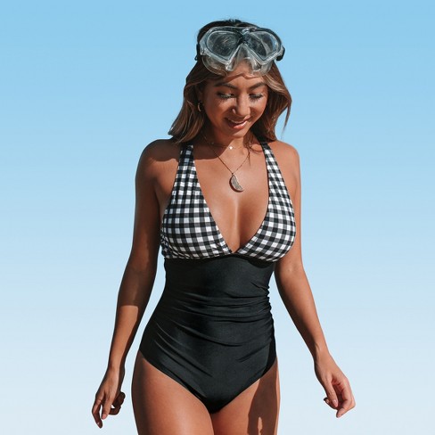 Women's Gingham One Piece Swimsuit Ruched Cross Back Vintage Swimwear  Bathing Suits -cupshe-black-x-large : Target