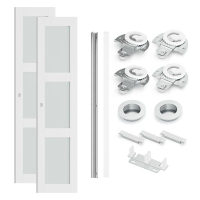 SMARTSTANDARD 78.58 in. Height Tempered 3-Lite Frosted Glass White Wardrobe Sliding Closet Door with Hardware Kit