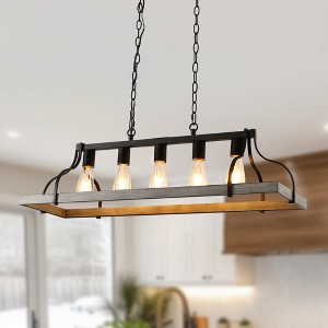 DORESshop 5-Light Farmhouse Pendant Island Light Gray Wood Hand-painted Frame with Metal Accents for Kitchen Dining Room Living Room No Bulbs Included - 1 of 4