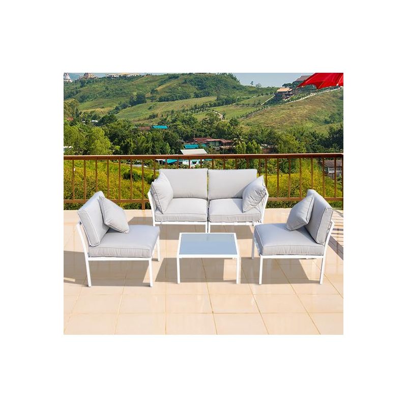 Outsunny 5 Piece Outdoor Furniture Patio Conversation Seating Set, 2 Sofa Chairs, & Coffee Table, White, 2 of 9