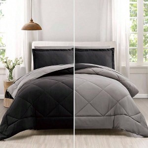 Queen 7 - Piece Bed in a Bag, Reversible Black Grey Comforter Set for Full/Queen Size Beds - 1 of 4