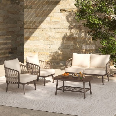 Sapphtopaz Patio Furniture Set Woven Rope Loveseat Conversation Outdoor Chairs Coffee Table with Wood Table Top Patio Chairs for Pool, Terrace