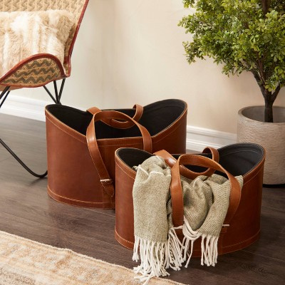 Recycled Woven Leather Baskets Set of 3 in Cognac by Quince