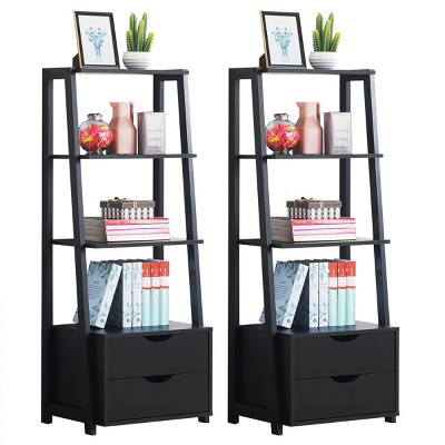 Costway 2 PCS 4 Tier Bookshelf Ladder Rack Modern Wood Storage Display  Shelving with Drawers Black