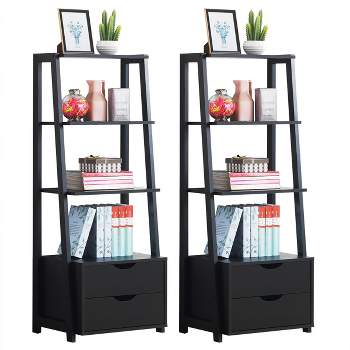 Costway 2 PCS 4 Tier Bookshelf Ladder Rack Modern Wood Storage Display Shelving with Drawers White&Natural/Black
