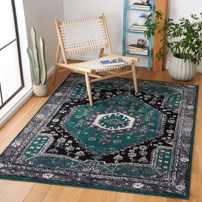 Vintage Green and Black Hand-knotted Synthetic Area Rug