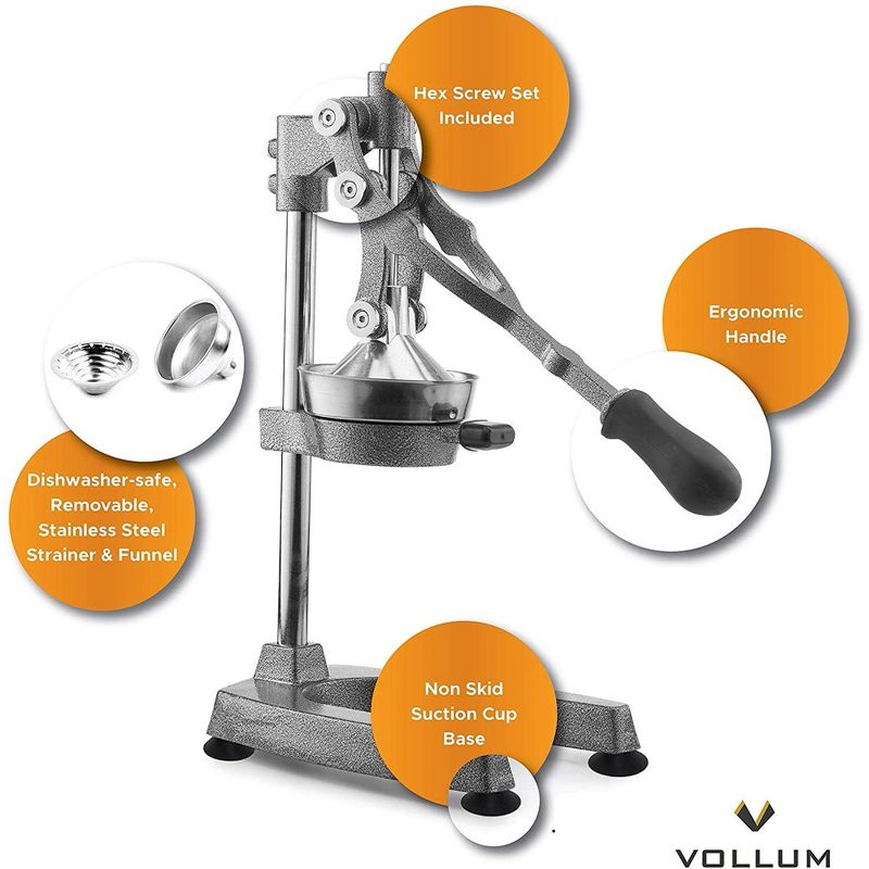 Vollum Manual Fruit Juicer - Commercial Grade, Stainless Steel and Cast Iron - Non-skid Suction Cup Base - 18.5" - Gray, 4 of 7