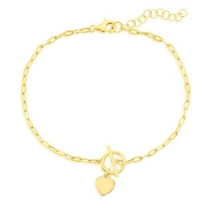 Bella Silver Sterling Silver Heart Charm Paperclip Toggle Bracelet - Gold Plated - Gold - 6.5+1 Inch - 1 of 2