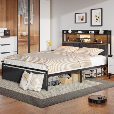 Bed Frames Bedroom Furniture Sets with Upholstered Storage Headboard & Outlets, LED Lights Standard Bed con Cajones, Niose Free
