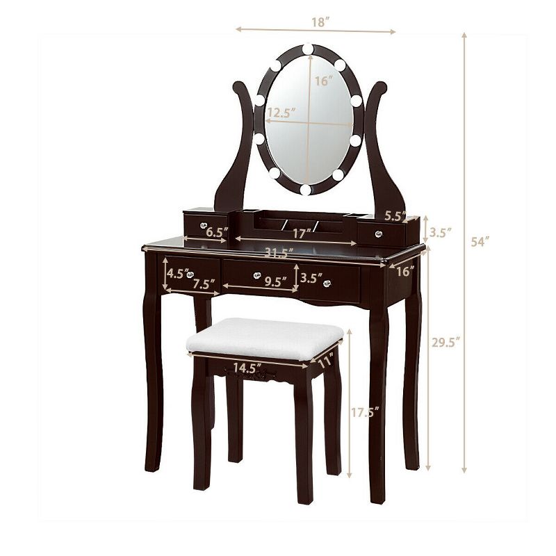 Costway Vanity Table Set w/10 Light Bulbs and Touch Switch Makeup Dressing Table, 3 of 11
