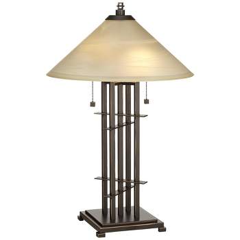 Franklin Iron Works Metro Rustic Farmhouse Accent Table Lamp 23 1/2" High Bronze Alabaster Art with Dimmer Glass Shade for Bedroom Living Room House